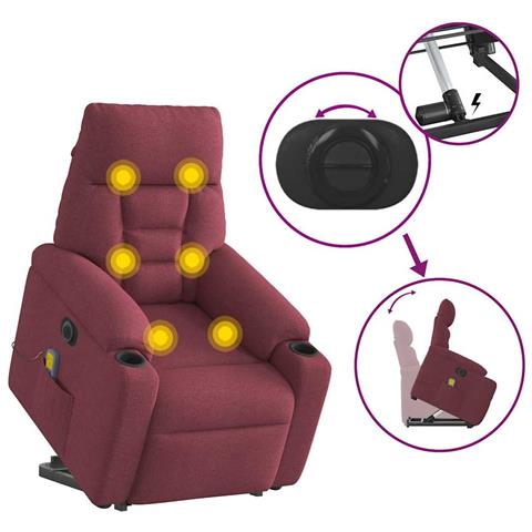 Poltrona Alzapersona Massaggiante Elettrica Rosso Vino Tessuto - Foto 9