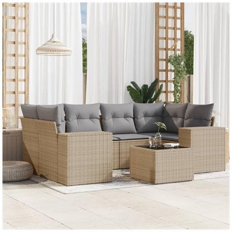 Set Divani da Giardino 7 pz con Cuscini Beige in Polyrattan - Foto 2