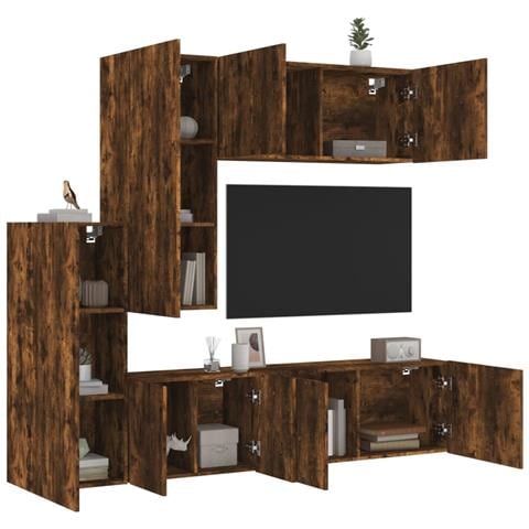 Mobili TV a Muro 5pz Rovere Fumo in Legno Multistrato - Foto 2