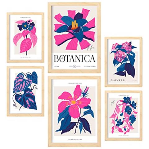 Set Di 6 Stampe Esplosioni Floreali Rosa, Stampe Naturalistiche E Botaniche Per L'interior Design A3 & A4 Telaio In Legno Chiaro - Foto 1
