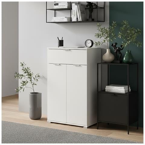 Comodino /armadietto Bianco 2 Ante + Cassetto | Mobiletto Salvaspazio Con 2 Ripiani Regolabili | Già Assemblato Per Camera, Ingresso, Bagno E Soggiorno - Foto 2