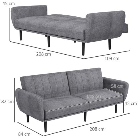 Divano Letto 3 Posti Con Schienale Reclinabile A 3 Livelli In Tessuto, 208x84x82cm, Grigio - Foto 2