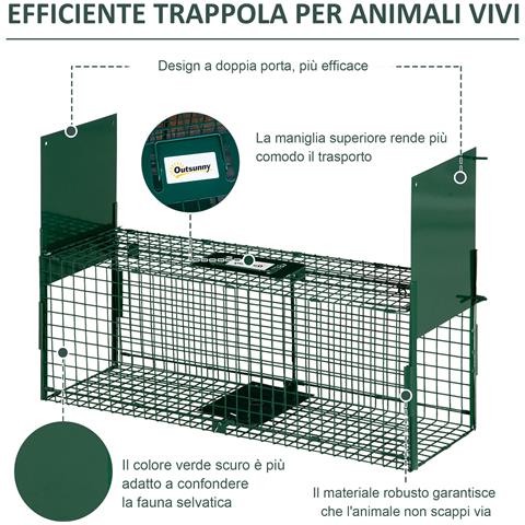 Gabbia Trappola Per Animali Vivi Piccoli Con Doppia Porta E Maniglia, 80x25x30cm, Verde Scuro - Foto 6