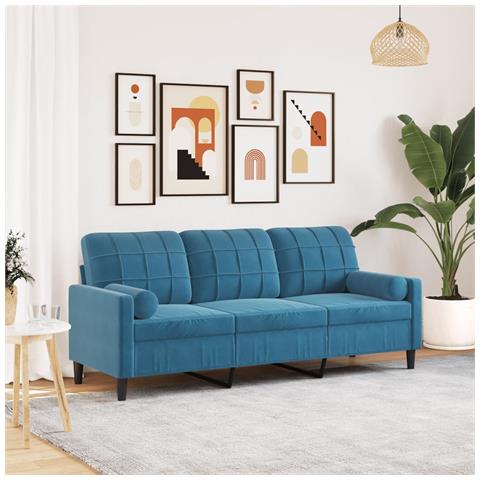 Divano A 3 Posti Con Cuscini Blu 180 Cm In Velluto - Foto 1