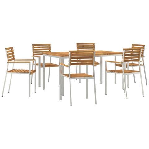 Set da Pranzo da Giardino  7 Pezzi in Legno Massello di Acacia, Tavolo da Pranzo all'Aperto  150x90x75 cm in Legno Massello di Acacia, Sedie da Giardino impilabili  2 pz in Legno Massello di Acacia e Acciaio, Sedie da Giardino impilabili  4 pz in Legno Ma - Foto 1