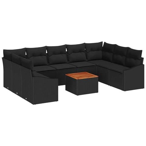 Set di divani da giardino 10 pezzi con cuscini neri in polyrattan e acacia - Foto 1