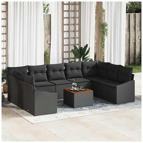 Set di divani da giardino 10 pezzi con cuscini neri in polyrattan e acacia - Foto 2