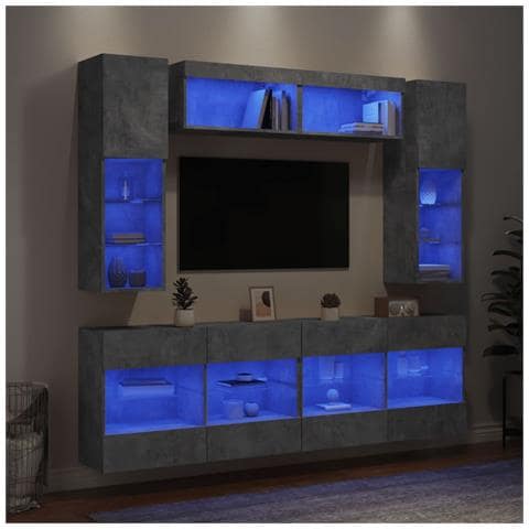 Set Mobili TV a Muro 6 pz con Luci LED Grigio Cemento - Foto 2