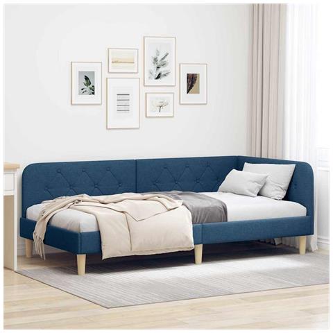 Cornice del letto ad angolo Blu 100 x 200 cm Tessuto - Foto 2