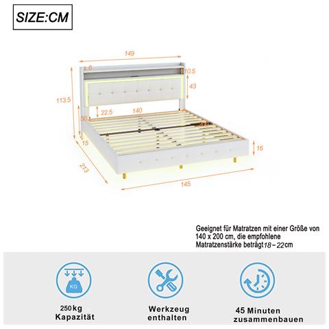 Letto Imbottito Moderno Con Funzionalità Led E Rivestimento In Lino - Foto 2
