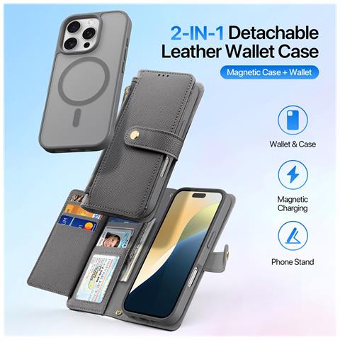Cover Cartera per iPhone 16 Pro - Pelle /PU, Grigio - Foto 4