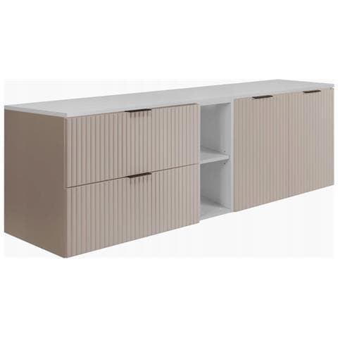Mobile sottolavabo 140 cm, Sospeso, Nero scanalato, Piano bianco, FLOW - Foto 1