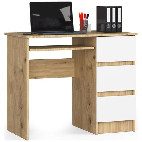 Scrivania per computer A6 destro, 3 cassetti, 90x50x77 cm, Colore Quercia Artisan e Bianco - Foto 1