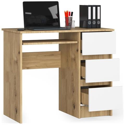 Scrivania per computer A6 destro, 3 cassetti, 90x50x77 cm, Colore Quercia Artisan e Bianco - Foto 2