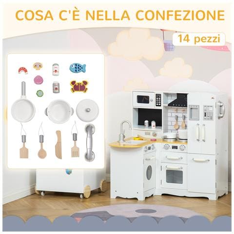 Cucina Giocattolo In Legno Per Bambini 3-6 Anni Con 14 Accessori, Forno E Lavandino, 82x65x87 Cm, Bianco - Foto 6
