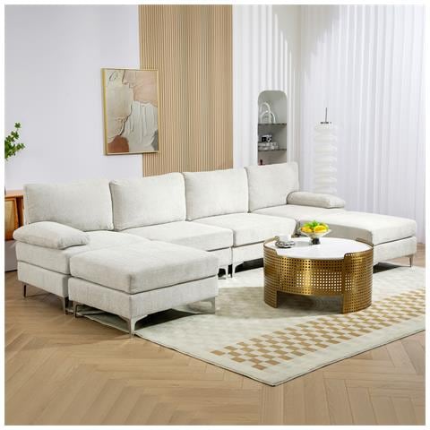 Divano Componibile 4 Pezzi con Poggiapiedi e Cuscini, in Tessuto effetto Ciniglia, 313x149x88 cm, Bianco Crema - Foto 2