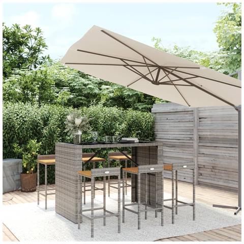 Set Bar Giardino 7pz Grigio Polyrattan E Legno Massello Acacia - Foto 1