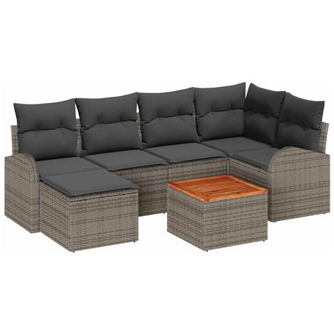 Set di divani da giardino a 7 pezzi con cuscini in rattan poliestere grigio e acacia, Divano da giardino a 2 posti con ripostiglio e cuscini in rattan poliestere grigio - Foto 1