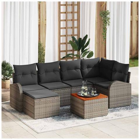 Set di divani da giardino a 7 pezzi con cuscini in rattan poliestere grigio e acacia, Divano da giardino a 2 posti con ripostiglio e cuscini in rattan poliestere grigio - Foto 2