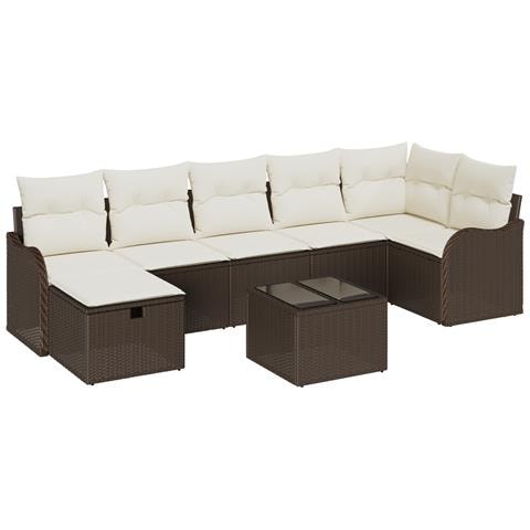 Set di divano da giardino  8 pezzi con cuscini in polyrattan marrone, Divano da giardino a 2 posti  con cuscini in polyrattan marrone - Foto 1