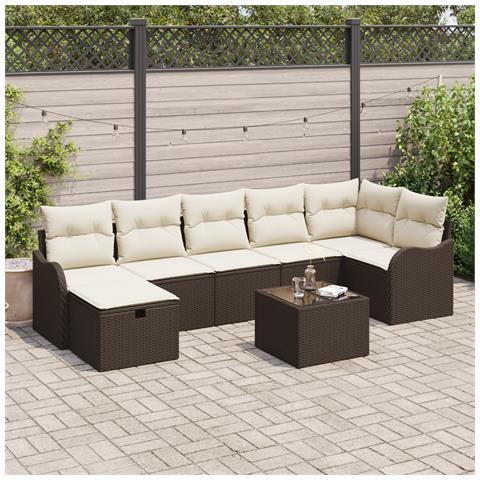 Set di divano da giardino  8 pezzi con cuscini in polyrattan marrone, Divano da giardino a 2 posti  con cuscini in polyrattan marrone - Foto 2