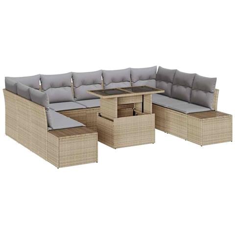 Set divano da giardino 10 pezzi con cuscini Beige in polyrattan - Foto 1