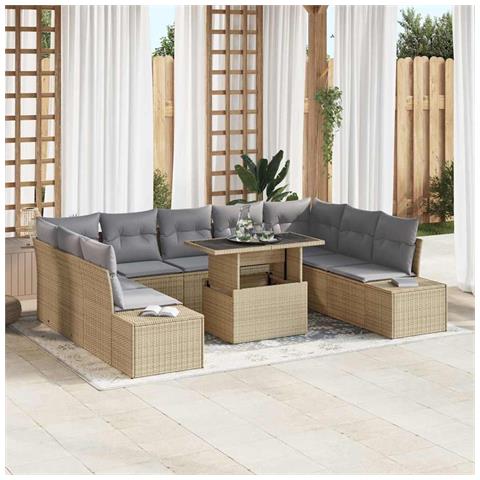 Set divano da giardino 10 pezzi con cuscini Beige in polyrattan - Foto 2