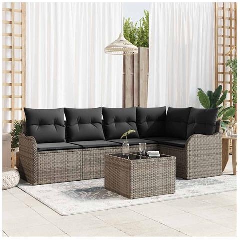 Set divano da giardino da 5 pezzi con cuscini in rattan nero,  Divano da giardino a 2 posti con cuscini in grigio polyrattan - Foto 2