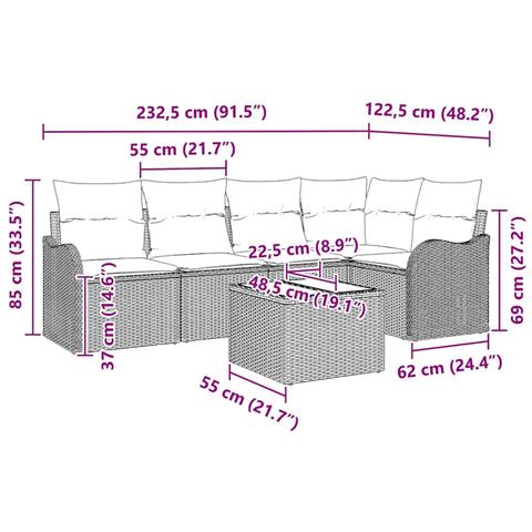 Set divano da giardino da 5 pezzi con cuscini in rattan nero,  Divano da giardino a 2 posti con cuscini in grigio polyrattan - Foto 9