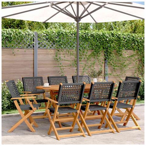 Sedie Giardino Pieghevoli 8 pz Nere Polyrattan e Legno Massello - Foto 2