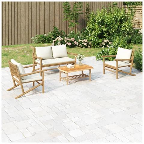 Set Salotto da Giardino 4pz con Cuscini Bianco Crema in Bambù - Foto 2