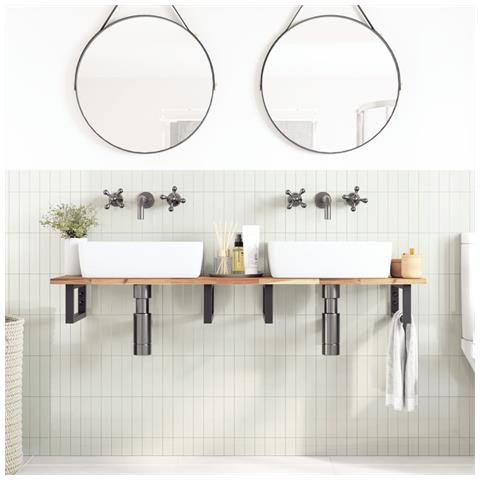 Ripiano A Parete Per Lavabo In Acciaio E Massello Di Acacia - Foto 2