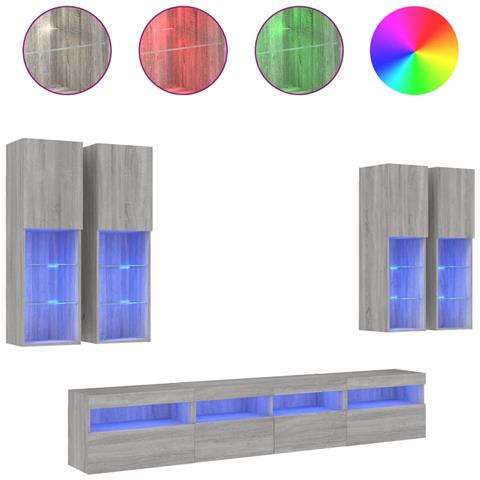 Set Mobili TV a Muro 7 pz con Luci LED Grigio Sonoma - Foto 1