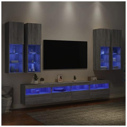 Set Mobili TV a Muro 7 pz con Luci LED Grigio Sonoma - Foto 2