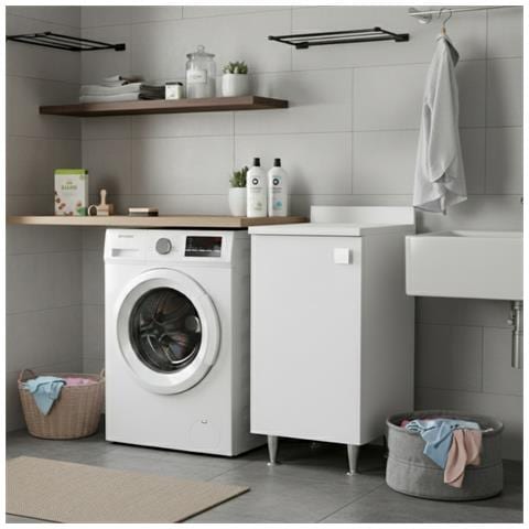 Mobiletto Bianco Frassinato Con Anta Destra, Piedini In Metallo E Profondità 50 Cm, Già Assemblato Per Bagno E Lavanderia. - Foto 2