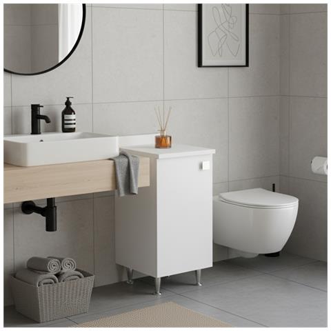 Mobiletto Bianco Frassinato Con Anta Destra, Piedini In Metallo E Profondità 50 Cm, Già Assemblato Per Bagno E Lavanderia. - Foto 4