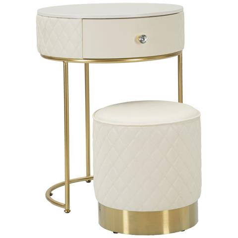 Set Comodino Toletta Con Puff Sharon In Bianco E Oro Ø52x70 + Ø36x39 Cm - Foto 1