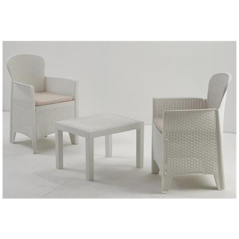 Set Salotto Da Esterno Foggia, Set Da Giardino Con 2 Poltrone Ed 1 Tavolino, Salottino Effetto Rattan Con Cuscini, 100% Made In Italy, Bianco - Foto 3