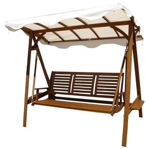 Dondolo 3 Posti Da Esterno Giardino Con Struttura In Legno Di Acacia E Tettuccio In Poliestere Beige - Foto 2