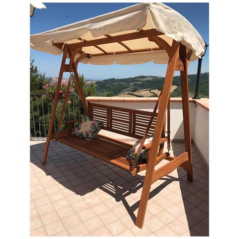 Dondolo 3 Posti Da Esterno Giardino Con Struttura In Legno Di Acacia E Tettuccio In Poliestere Beige - Foto 7