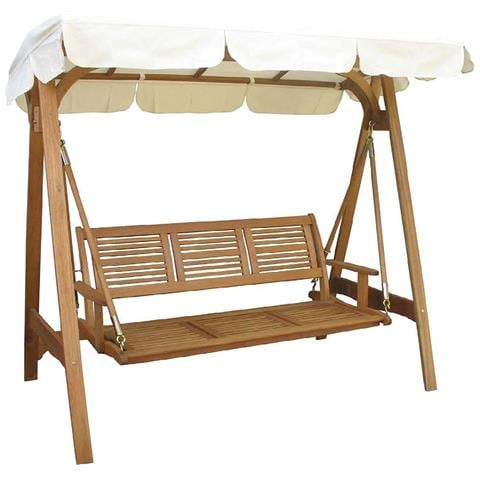 Dondolo 3 Posti Da Esterno Giardino Con Struttura In Legno Di Acacia E Tettuccio In Poliestere Beige - Foto 1