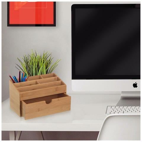 Organizer Portaoggetti Da Scrivania in Legno Bambu' con 6 Scomparti e Cassetto - Foto 2