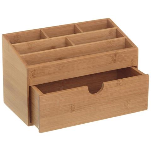 Organizer Portaoggetti Da Scrivania in Legno Bambu' con 6 Scomparti e Cassetto - Foto 1