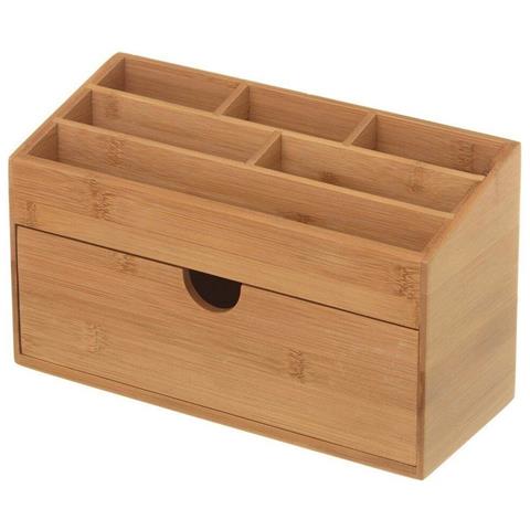 Organizer Portaoggetti Da Scrivania in Legno Bambu' con 6 Scomparti e Cassetto - Foto 4