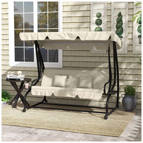 Dondolo Letto da Giardino con Tettuccio Regolabile e Vassoi, in Acciaio e Teslin, 200x120x164 cm, Crema - Foto 6