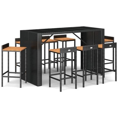 Set Bar Giardino 9 Pz Nero Polyrattan E Legno Massello Acacia - Foto 2
