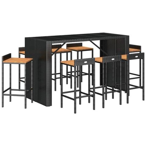 Set Bar Giardino 9 Pz Nero Polyrattan E Legno Massello Acacia - Foto 3