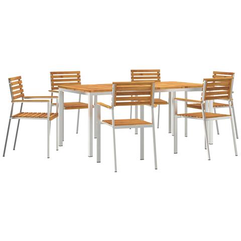 Set da Pranzo da Giardino  7 Pezzi in Legno Massello di Acacia, Tavolo da Pranzo Esterno  180x90x75 cm in Legno Massello di Acacia, Sedie da Giardino impilabili  2 pz in Legno Massello di Acacia e Acciaio, Sedie da Giardino impilabili  4 pz in Legno Masse - Foto 1