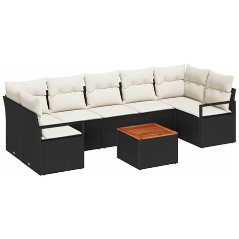 Set di divano da giardino  8 pezzi con cuscini in rattan nero ed acacia, Divano da giardino a 2 posti  con cuscini in polyrattan nero - Foto 1