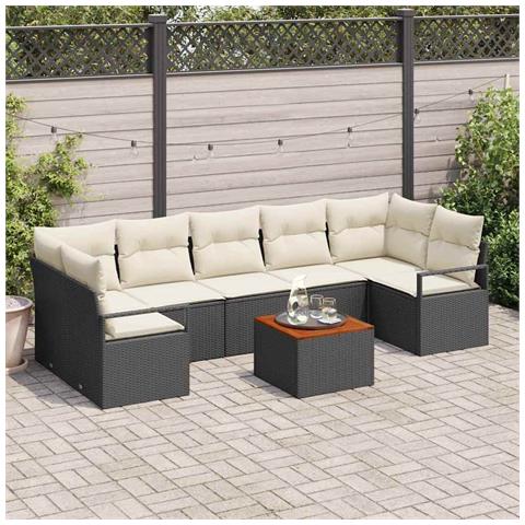 Set di divano da giardino  8 pezzi con cuscini in rattan nero ed acacia, Divano da giardino a 2 posti  con cuscini in polyrattan nero - Foto 2